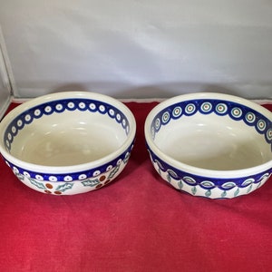 Vintage-2-Bowls-Boleslawiec-Poland-Holly-Dots-Leaves-Serving Ware-Home Decor