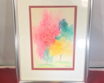 Vintage-Picture-Water Colors-Green-Yellow-Pink-Trees-Signed-Zona-Silver Frame-Wall Decor-Hanging Decor