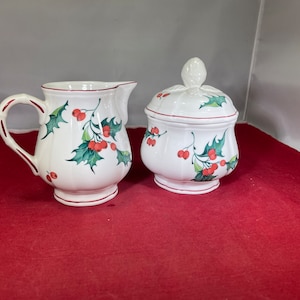 Vintage-Set-Sahnekännchen-Zuckerdose-Villeroy & Boch-Holly-Grüne und Rote Serviergeschirr Bild 3