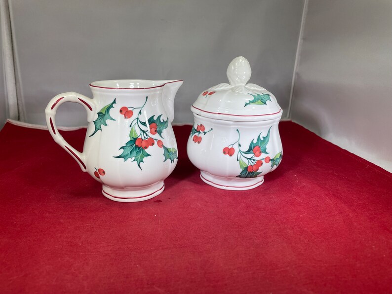 Vintage-Set-Sahnekännchen-Zuckerdose-Villeroy & Boch-Holly-Grüne und Rote Serviergeschirr Bild 3