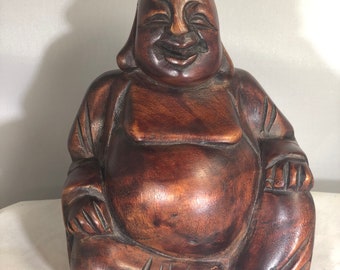 Vintage-Statue-Buddha-Hand Carved-Wood-Happy-Brown-Home Decor