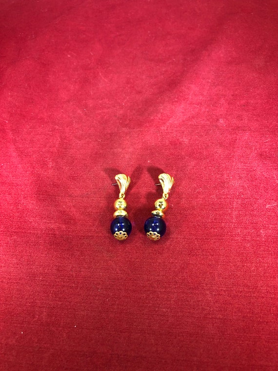 Vintage-Earrings-Dangle-Blue-Beads-Gold-Jewelry-A… - image 2