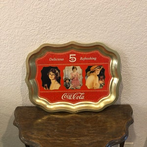 Vintage-Coca Cola-Tray-Red-Gold-Delicious Refreshing-Drink-Girl-Home Decor-Wall Decor