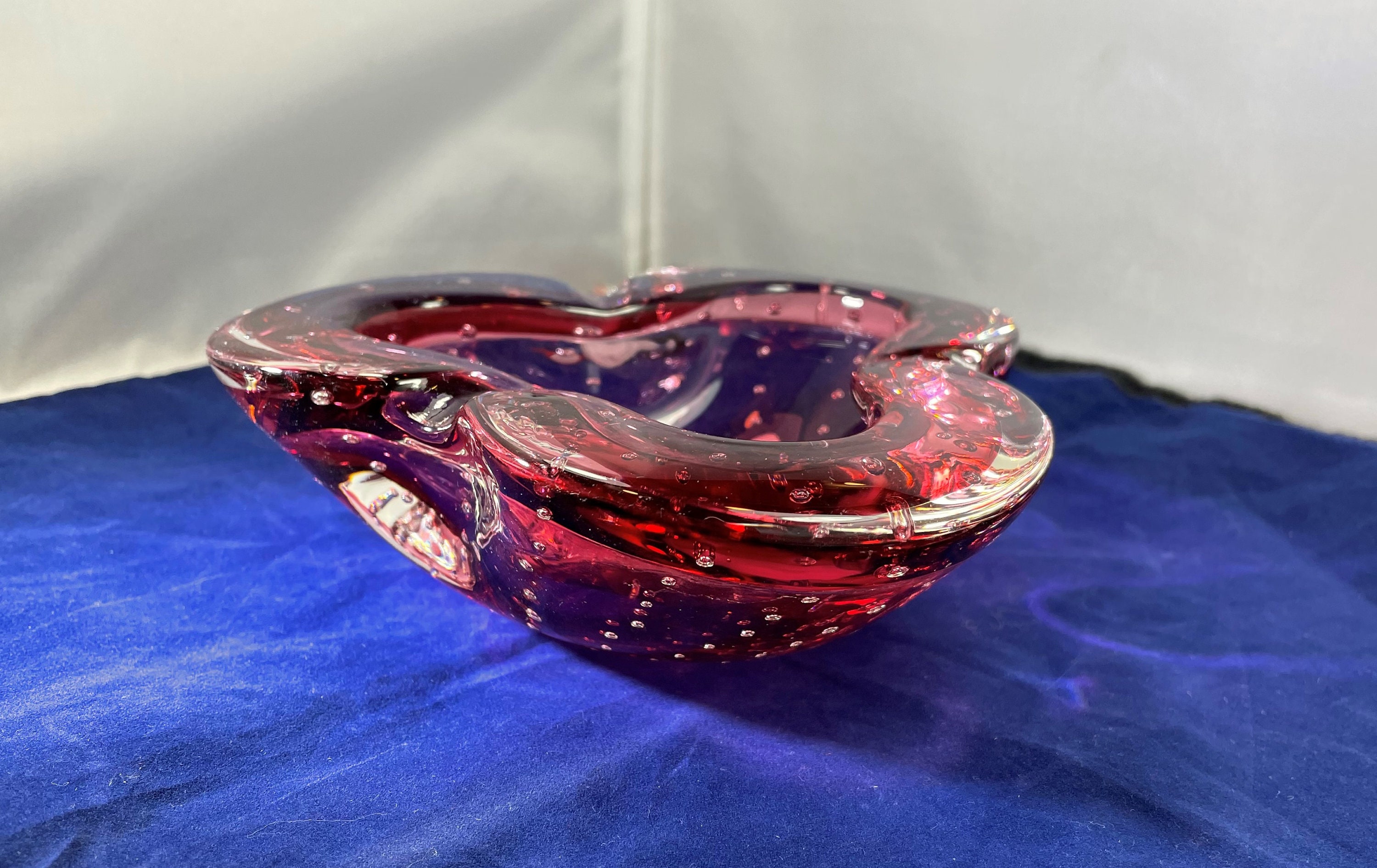 Vintage-ashtray-murano Glass-cranberry-red-bubbles-blown