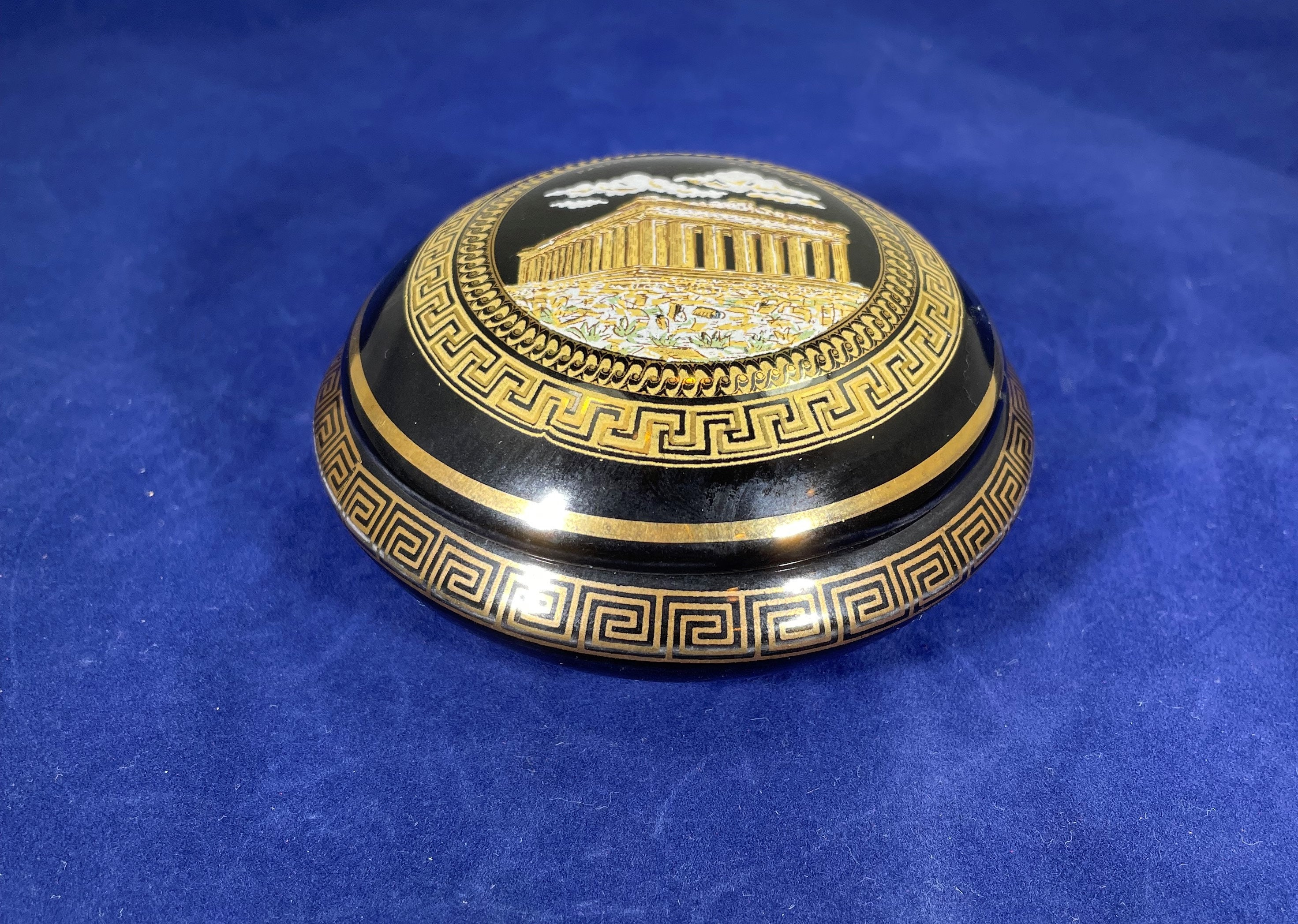 Vintage-trinket Dish-greece-lid-black-gold-handmade-24 Karat
