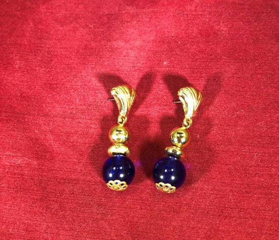 Vintage-Earrings-Dangle-Blue-Beads-Gold-Jewelry-A… - image 1
