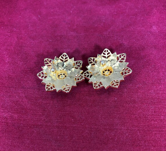 Vintage-Earrings-Flower-Black-Gold-Rhinestones-Je… - image 3