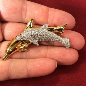 Vintage-Swarovski-Brooch-Pin-Dolphins-Gold-Crystals-Jewelry-Accessories
