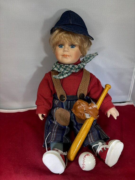 Vintage-doll-ashton Drake-porcelain-baseball-bat-glove-ball