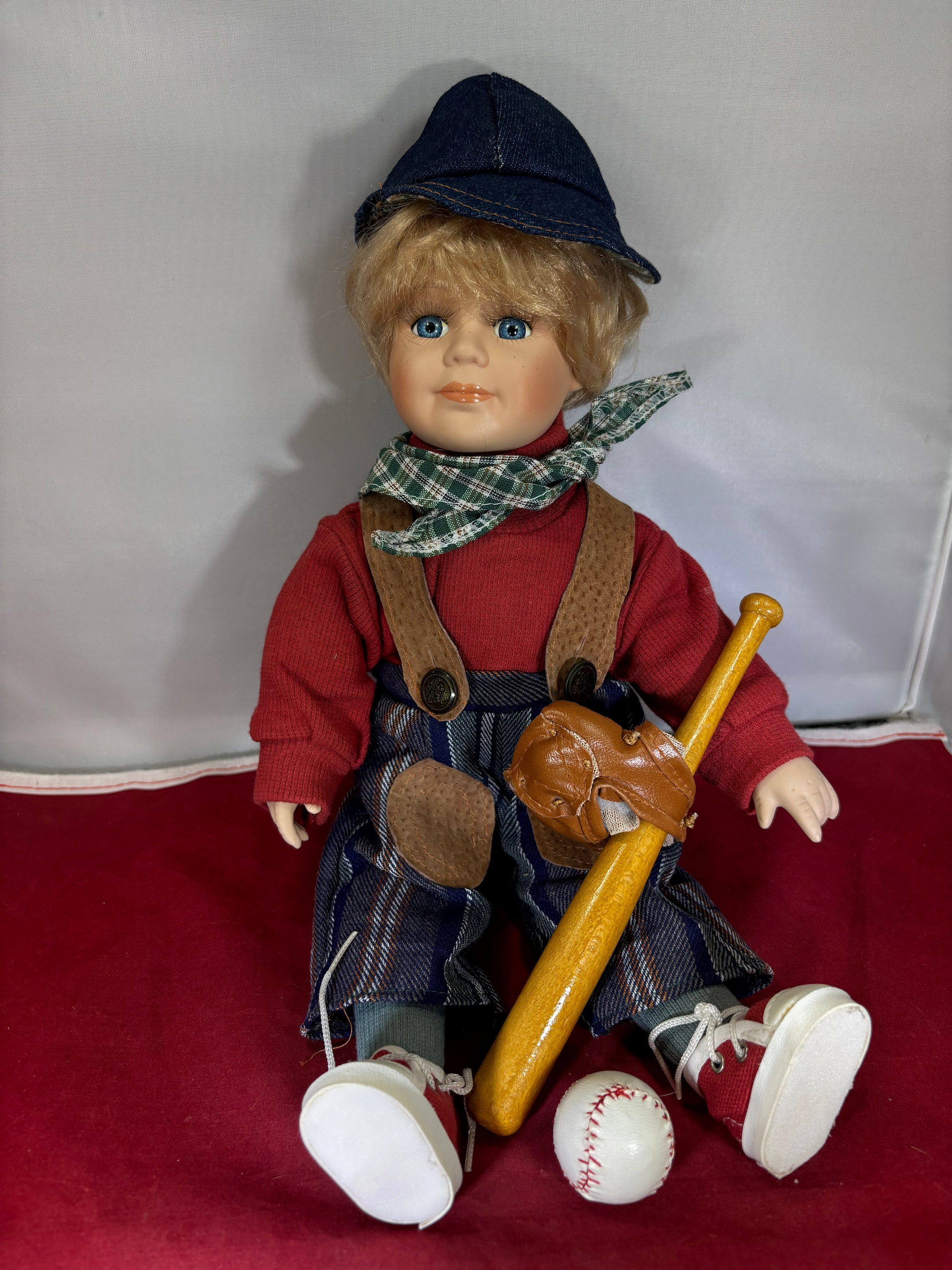 Vintage-doll-ashton Drake-porcelain-baseball-bat-glove-ball