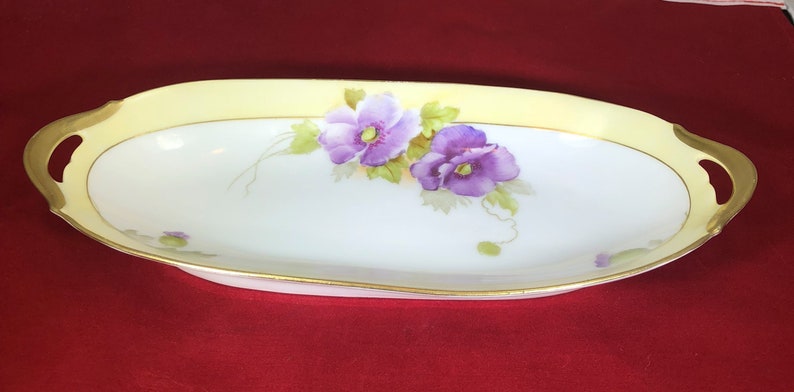 Vintage-Soap Dish-Candy Dish-Yellow-White-Purple-Flowers-Gold-Bavaria-Home Decor
