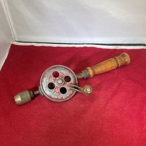 Vintage-Wood Handle-Hand Drill-Primitive Decor-Tool