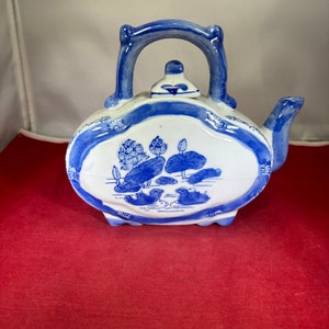 Vintage-Tetera-Azul y Blanco-China-Lirio Pad-Pato-Decoración-Decoración del Hogar imagen 4
