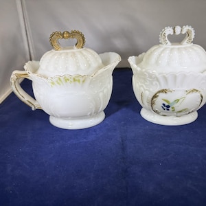 Vintage-Creamer-Sugar Dish-Set-Westmoreland-Scroll Medallion-Lids-Flowers-Serving Ware-Glassware-Home Decor