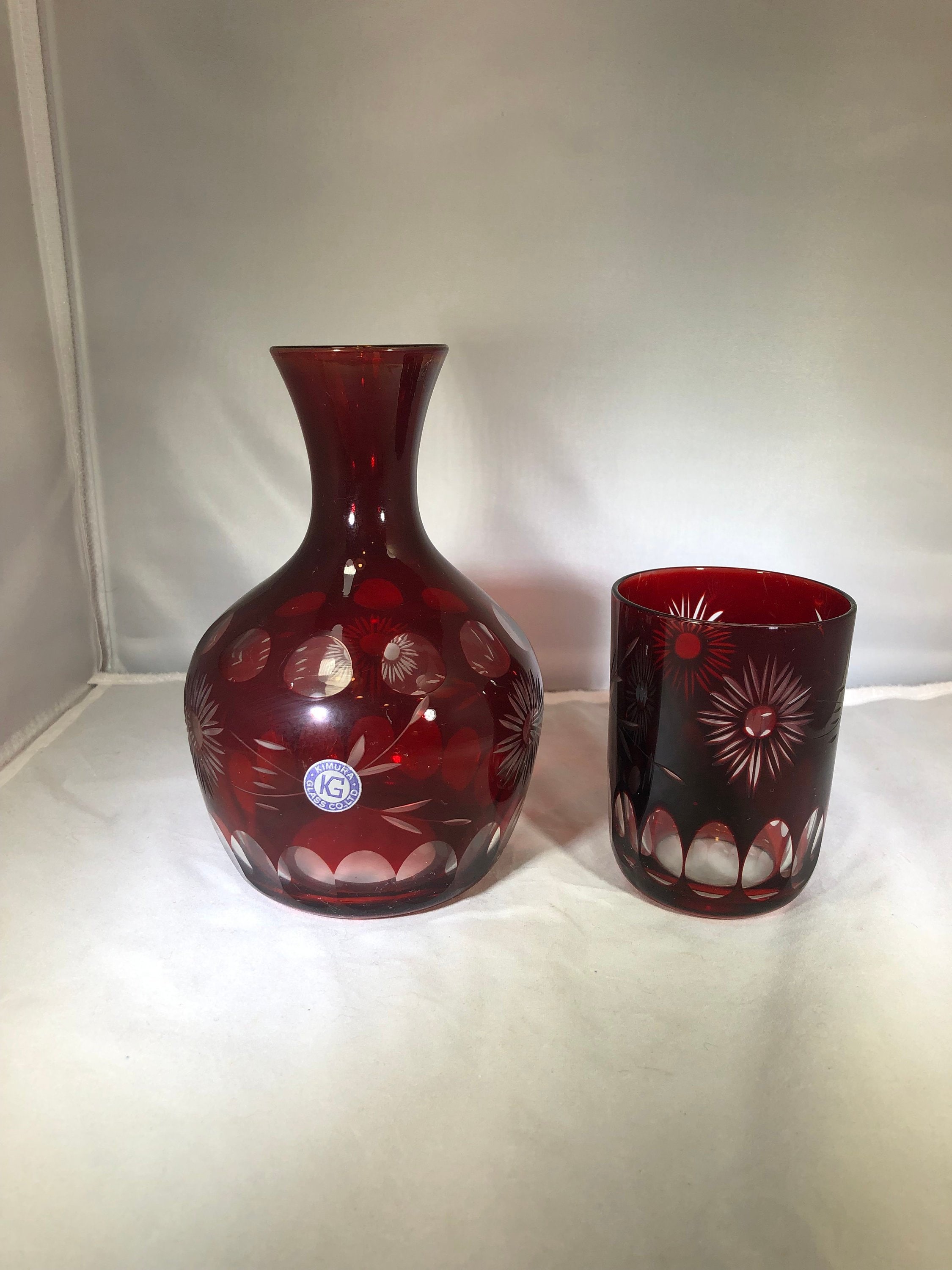 VintageKimuraGlassRedClearDecanterCupTumble UpCut to Etsy