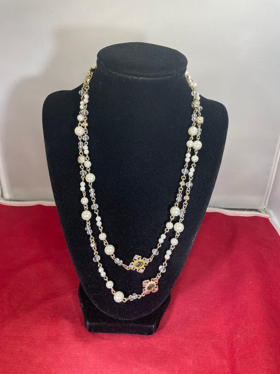 Vintage-Necklace-Yellow-White-Clear-Beads-Faux Pea