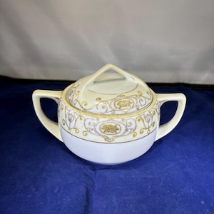 Vintage-Sugar Bowl-Noritake-Japan-White-Gold-Yellow-Lid-Serving Ware-Home Decor