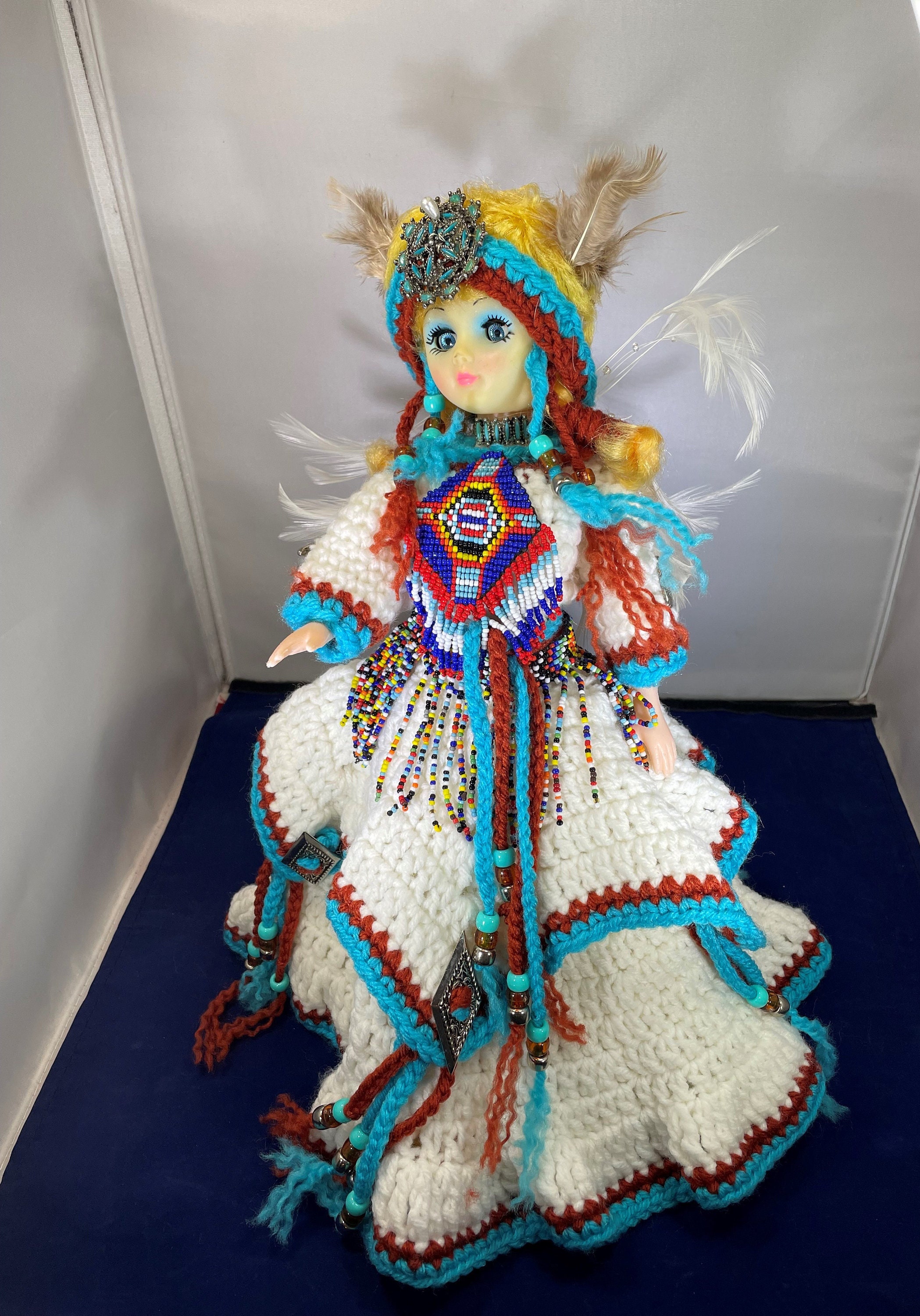 Vintage-doll-native American-girl-beads-feathers-silver-turquoise