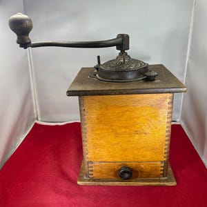 Vintage-Coffee Grinder-Dovetail-Brown-Wood-Handle-Drawer-Home Decor-Primitive Decor