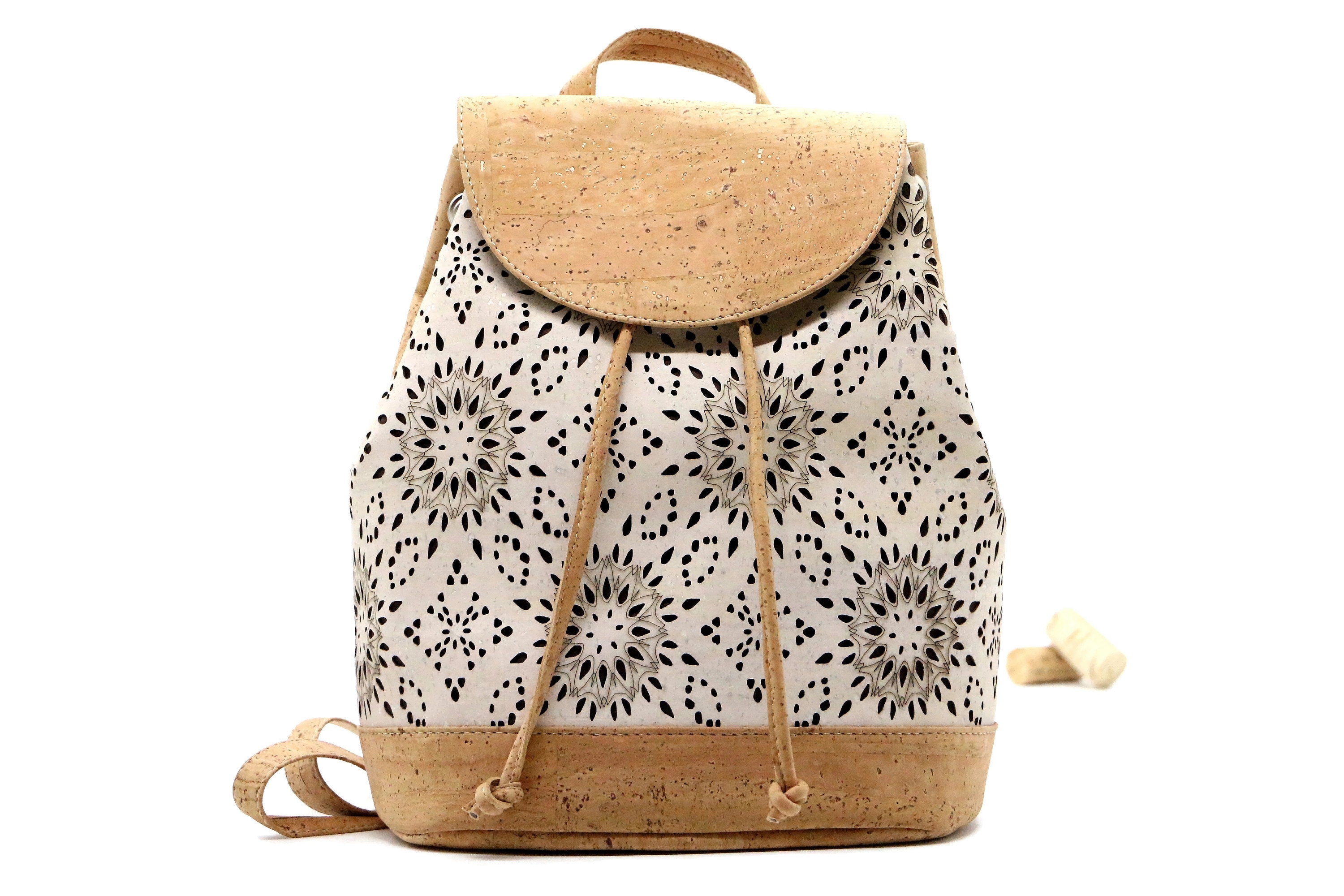 Elegant Cork Pattern In White And Tan With White Faux Leather Backpack Shop now Natural Cork Backpack Texture Detail | Fast  main image 2