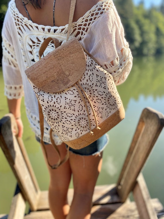 Elegant Cork Pattern In White And Tan With White Faux Leather Backpack Shop now Natural Cork Backpack Texture Detail | Fast  main image 4