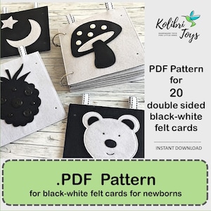 PDF Sewing Pattern – Black and white newborn flash cards, Set of 20 double sided Felt cards Patterns, DIY montessori toys for infants