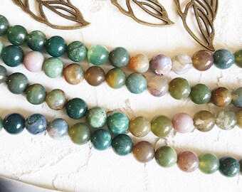 Indian agate beads, Mala beads, Smooth round beads, Natural Agate beads, Green beads, Gemstone agate beads, 6mm 8mm 10mm full strand