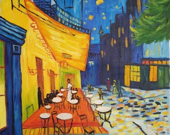 Malarstwo olejne Wall art van Gogh płótnie malarstwo, Café Terrace w nocy-20 "x24" ręcznie malowane olej malarstwo-Vincent van Gogh reprodukcji