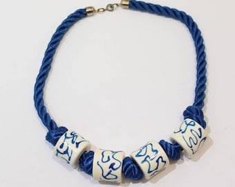 Vintage Blue Rope and White Bead Necklace