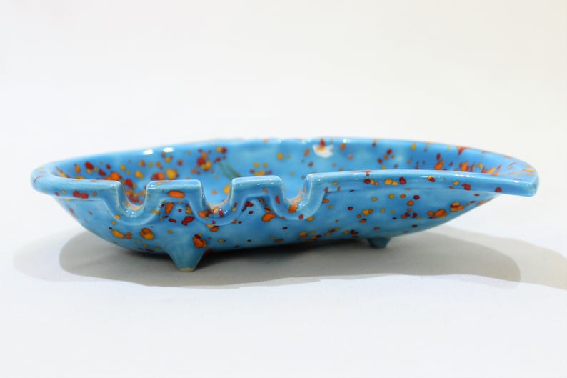 Vintage Light Blue Speckled Red and Yellow Ashtray Home Decor Trinket Dish Orange