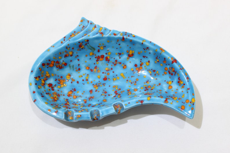 Vintage Light Blue Speckled Red and Yellow Ashtray Home Decor Trinket Dish Orange