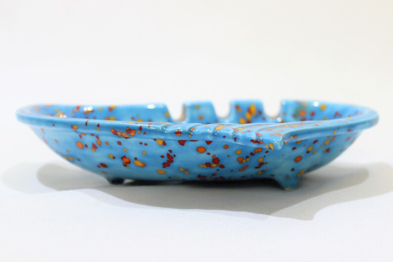Vintage Light Blue Speckled Red and Yellow Ashtray Home Decor Trinket Dish Orange