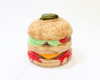 Vintage 6" Hamburger Cheeseburger Novelty Ceramic Cookie Jar, Signed and Dated 1981