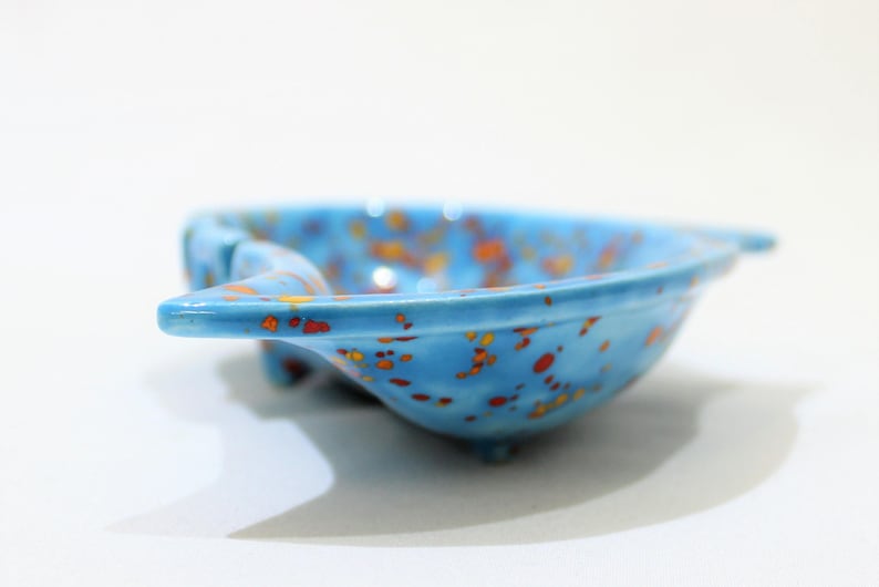 Vintage Light Blue Speckled Red and Yellow Ashtray Home Decor Trinket Dish Orange