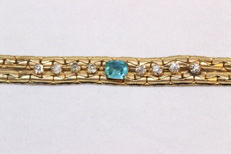 Gold Metal Bracelet Vintage Jewelry Jewellery Vintage Aqua and Clear Rhinestone Gold Tone Bracelet