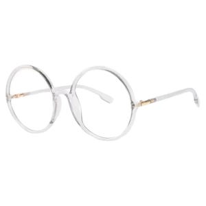 以下が含まれることがあります： 透明な丸いフレームの眼鏡。ブリッジとテンプルも透明です。ヒンジにはゴールドカラーのアクセントが施されたミニマルなデザインです。レンズはクリアで、全体的な美しさはモダンでスタイリッシュです。