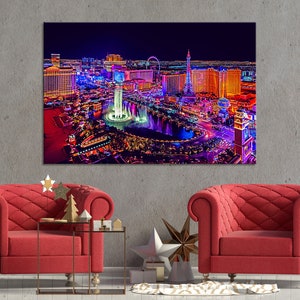 Conjunto de impresiones del horizonte nocturno de Las Vegas, arte mural de rascacielos, conjunto de impresiones de edificios, arte mural de paisaje urbano, arte mural del centro de Las Vegas, arte mural de edificios