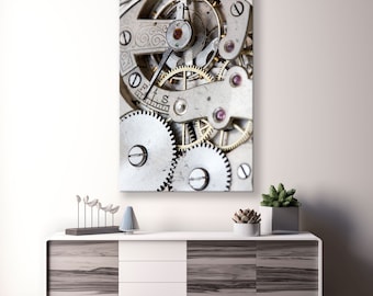 Aufwendiger mechanischer Mechanismus, Wanddekor: Makroaufnahme des Uhrwerks, perfektes Geschenk für einen Uhrmacher