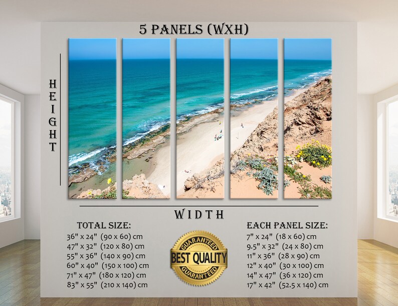May include: Five-panel canvas art print depicting a coastal scene. The artwork showcases a turquoise ocean meeting a sandy beach, with a clear blue sky above. The total size options range from 36" x 24" to 83" x 55".
