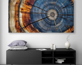 Könnte beinhalten: Eine Nahaufnahme eines Baumstammquerschnitts, die die Ringe und die Textur des Holzes zeigt. Das Holz ist eine Mischung aus braunen, orangen und blauen Farben.