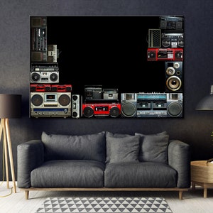 Collage aus Tonbandgeräten, Retro Musik Wand Kunst, Wohnung Dekor
