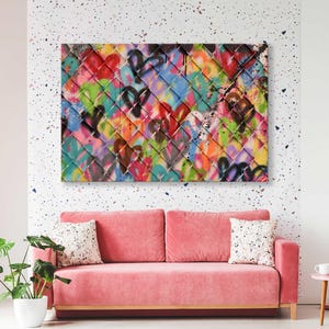 Impresión abstracta en lienzo con pintura en aerosol, arte de pared con corazones multicolores, decoración de pared con grafiti, regalo para enamorados.