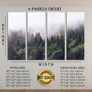 Puede incluir: Una impresi&oacute;n en lienzo de cuatro paneles que presenta una escena de bosque brumoso con altos &aacute;rboles verdes. La impresi&oacute;n est&aacute; disponible en varios tama&ntilde;os, con el tama&ntilde;o total que va de 90 cm por 60 cm a 210 cm por 140 cm. El tama&ntilde;o de cada panel var&iacute;a de 22,5 cm por 60 cm a 52,5 cm por 140 cm. La impresi&oacute;n est&aacute; etiquetada como "Best Quality Guaranteed".