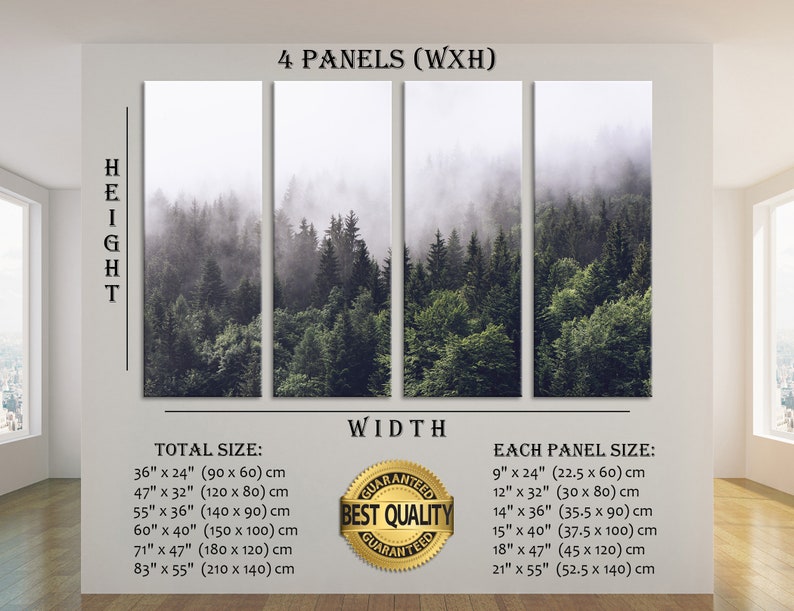 Puede incluir: Una impresi&oacute;n en lienzo de cuatro paneles que presenta una escena de bosque brumoso con altos &aacute;rboles verdes. La impresi&oacute;n est&aacute; disponible en varios tama&ntilde;os, con el tama&ntilde;o total que va de 90 cm por 60 cm a 210 cm por 140 cm. El tama&ntilde;o de cada panel var&iacute;a de 22,5 cm por 60 cm a 52,5 cm por 140 cm. La impresi&oacute;n est&aacute; etiquetada como "Best Quality Guaranteed".