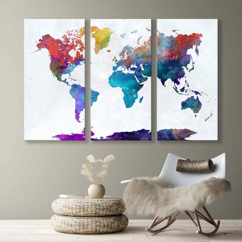 Watercolor World Map Canvas Print - Vibrant and Minimalist Wall Art for ...