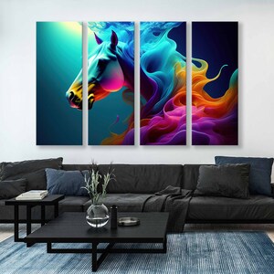 May include: Abstract art print of a colourful horse's head with flowing mane in shades of blue, yellow, orange, pink, and purple. The print is divided into three panels.