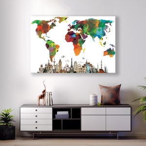 Impression sur toile de carte du monde à suspendre, décoration murale de carte du monde, affiche
