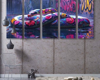 Grafiti vibrante de pitón: obra de arte cautivadora en lienzo premium, lista para exhibir
