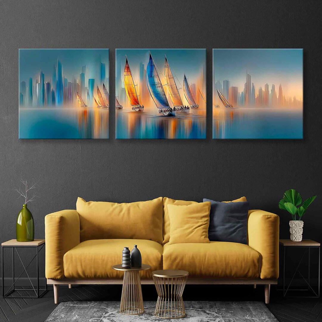 Canvas Print Sailboats at Sunset – Modern Triptych Wall Art | Nautical ...
