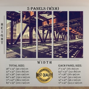 May include: A five-panel canvas print featuring a photograph of a city street scene. The image shows a view of a bridge with a metal structure and a grid pattern on the ground. The image is in a vintage style with a warm color palette. The print is available in various sizes, with the total size ranging from 36 inches by 24 inches to 83 inches by 55 inches. Each panel is available in sizes ranging from 7 inches by 24 inches to 17 inches by 42 inches.